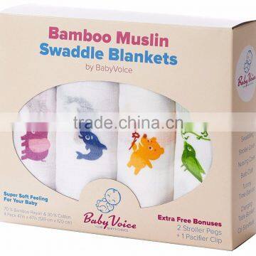 Swaddle Blanket (Premium Bamboo Muslin) 4 Pack + Bonuses: Stroller Clips & Baby Sleeping Guide