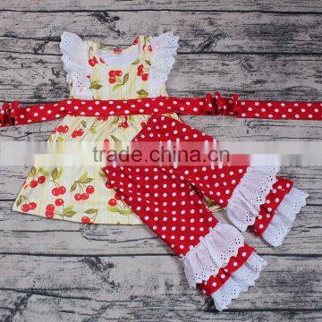 Baby Girls New Arrival Dress Pants 2pcs Clothing Set Wholesale Cute Cherry Print Boutique Outfit Ruffle Holiday Party Wear Cheap