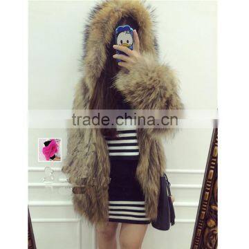 SJ117-01 Brown Raccoon Fur Jacket Women China New Open Factory Store Garments Hooded Fur Jackets
