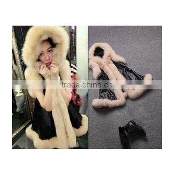 2014 the new explosion models in Europe and America big plush leather trim grass washed hooded sleeveless long vest