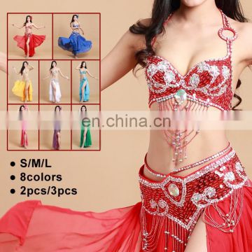 Arab Hot sale beaded tassel belly dance costumes 3pcs including bra and belt and skirt set