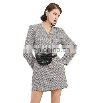 TWOTWINSTYLE Elegant Asymmetrical Plaid Dress Women V Neck Long Sleeve High Waist Mini Slim A Line