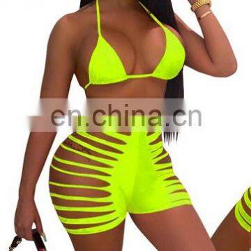 Solid Sexy Two Piece Bathing Suits for Women Bandage Backless Tops and Hollow Out Shorts Bikini Set Two Piece