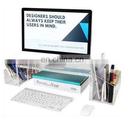 Table Acrylic Computer Monitor Stand Riser  with Side Compartments and Cable Management for Home and Office