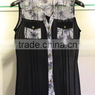 fashion style model design coconut tree printed black and white sleeveless chiffon blouse