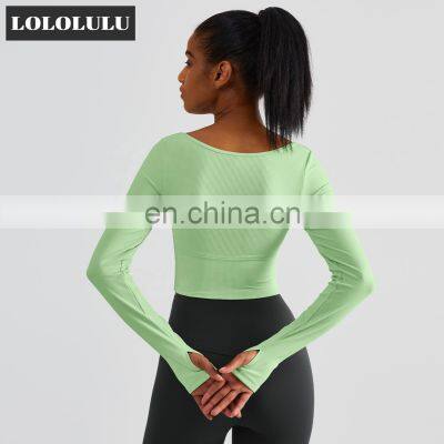 Ribbed Custom Semi Fixed Cups Yoga Crop Tops Long Sleeve High Impact Women Sports Bras photo-2
