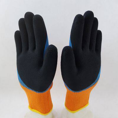 Thicked Polyester Knitted Blue and Black Foamed Latex Palm and Fingers Double Coated Safety Work Gloves photo-3