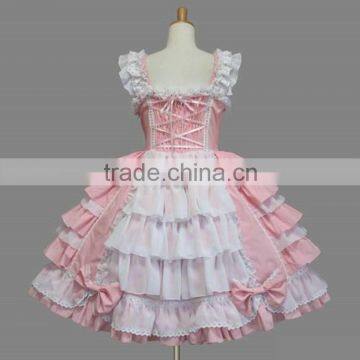 Cute Pink Harness Cotton Wrinkles Middle Waist Fancy Princess Girls Lolita Dress Cosplay Costume