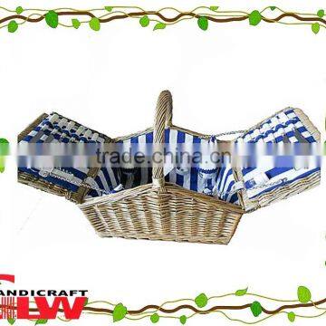 2015 new design picnic basket food basket wholesale four persons house shape handmade fashion with handle and blue&white stripe