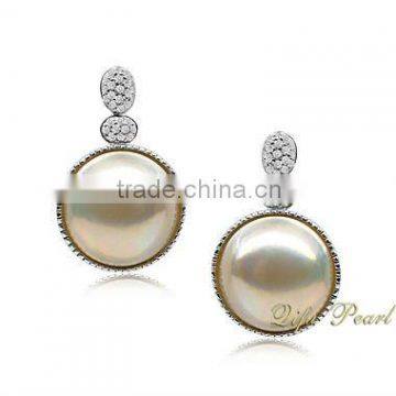 Rhodium-plated Sterling Silver Earrings with 13.5-14mm Round Mabe Cultured Pearls