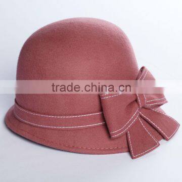 women wool felt hat for winter and autumn calotte with bowknot and irregular brim in pink color for elegant cute girls