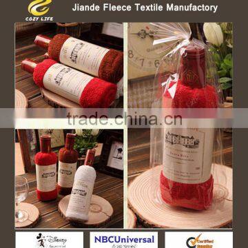 creative Red wine bottle shape towel gift opp bags present box single wine bottle 100% cotton towel birthday gift