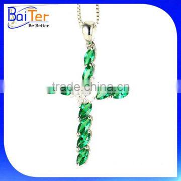 Unique Custom Rhodium Plated CZ 925 Sterling Silver Lab Created Emerald Cross Pendant