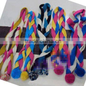 2014 fashion colorful plait knitted Scarf with pompoms