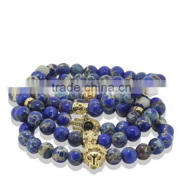 KJL-ST0024 real 24K gold 8mm Blue Sea Sediment Stone Bead with Bronze Gold&Silver CZ zircon skull head Bracelet