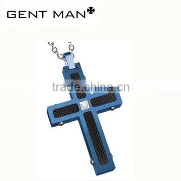 Coolman stainless steel jewelry blue carbon fiber and CZ men cross pendant ,jerusalem cross pendant