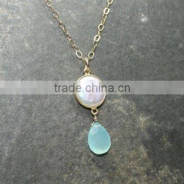 falak gems Aqua Chalcedony Necklace, Coin Pearl Bezel Stone Gold plated Pearl Gemstone Necklace