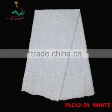 2016 big brand Haniye pure white cotton lace fabric with holes/PLC042-29 cotton lace fabric with stones