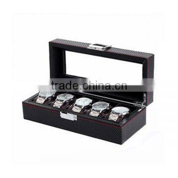 High-Grade PU Leather Package Box For Watch, 5 Slot Display Carbon Fiber Stripe Gift Storage Box photo-2