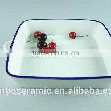 White Blue Line Zakka Style Enamel Ceramic Baking Dish With Handles Rectangular Baking Dish photo-3
