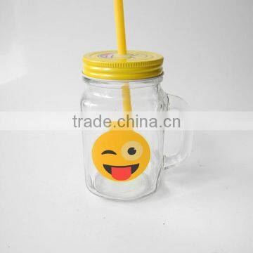 Cute Emoji Smile Face Decal Glass Beverage Handle Mug With Yellow Lid photo-2