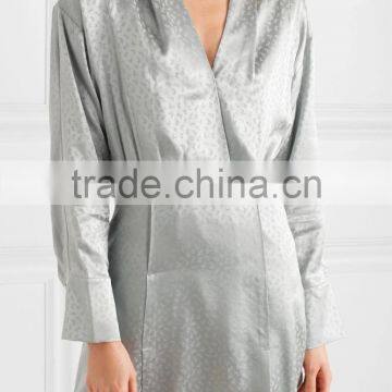 Latest Metallic Gray-green Long Sleeve Wrap Effect Silk-Jacquard Mini Dress Design Pictures Names Of Ladies Dresses HSD5932 photo-2