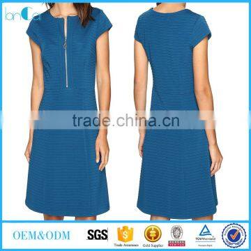 2017 summer cap sleeve round neck front zipper korean office dress in blue color