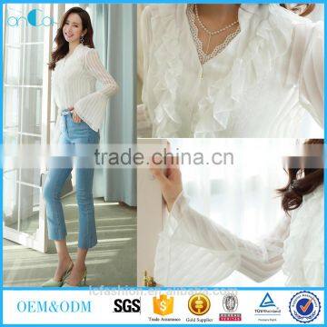 Fashion Summer peated blouse with long sleeve and ruffle design