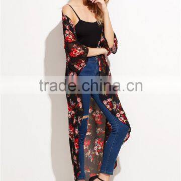 Custom Flower Print Women Soft Comfortable Beachwear Outwear Black Floral Longline Chiffon Kimono photo-5