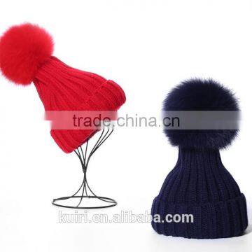 2016 Winter Beanie Real Silver Fox Fur Ball Knitting Hat For Women Black Real Raccoon Fur Ball Skullies photo-5
