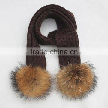 Myfur Kids Ribbed Knitting Scarf with Removable Raccoon Fur Pompoms