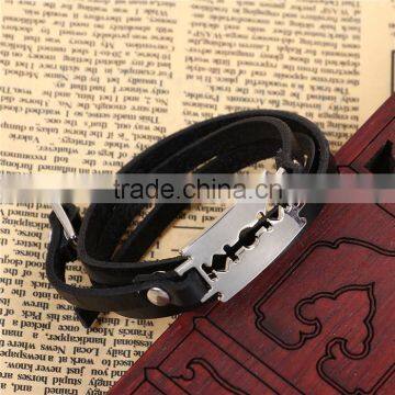 Real Leather Bangles Bracelets Silver Tone Black Razor Blade Adjustable photo-2