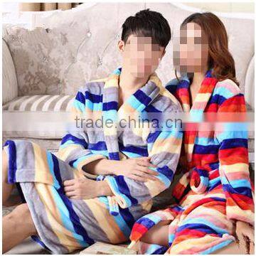 Chinese colorful strip printed unisex coral fleece bathrobe