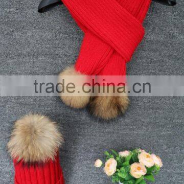 Fast Sell Women 100% Acrylic Winter Warm Soft Knit Scarf Hat Set With Raccoon Fur Pom Pom