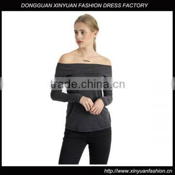 Custom Womens Off-shoulder cotton jersey T-Shirts,long sleeve Black Plain Pure T-shirts for women