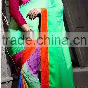 Indian Blue, Honeydew, Orange, Violet color Chiffon,Satin Saree