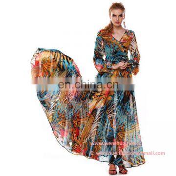 Hot Selling Big Flap Printed Long Sexy Women Chiffon Dress photo-3