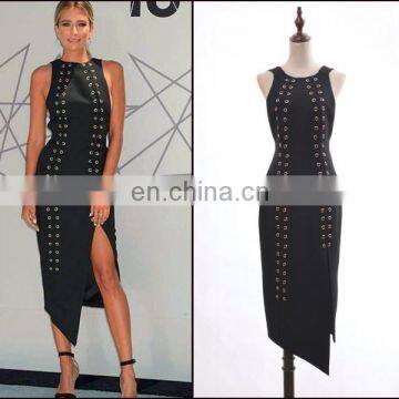 Elegant Women O-neck Sleeveless Asymmetric Hem Black High Sexy Front Split Casual Midi Dress photo-3