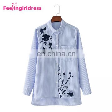 Fashion Latest Shirt Designs Autumn Embroidery Flower Long Sleeve T-Shirt Women