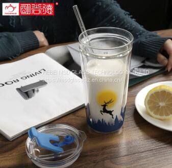 Deer Cup Custom 400ml Frosted Glass Tumbler With Silicone Sleeve Borosilicate Glass Cup With Lid and Straw photo-2
