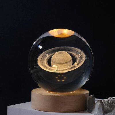 Large 3D Crystal Ball Night Light with Wooden Base,  Decoration Crystal Ball Saturn LED Planet Nightlight Bedroom Decor