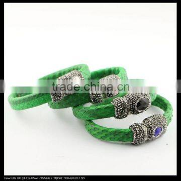 LFD-B0033 Green Color Snake Leather with Rhinestone Paved Stone Magnetic Clasp Snakeskin Bangles , Cuff Bangle Bracelet