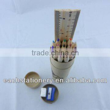 7''wooden color pencil set with ruler eraser and shapener in paper tube