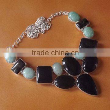 Amazonite, Black Onyx Necklace plated 925 Sterling Silver 99 Gms 18-20 Inches