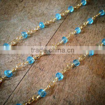 Aqua Glass Bead Chain Faceted 4mm Blue Beads on GOLD plated 1mm Wire Hand Made Necklace Chain Glass Fixed Bead Chain Jewelry