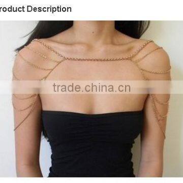 2015 Fashion Summer sexy jewelry shoulder necklace metal anti tarnish plated 18K multi layered thin chain body neckalce
