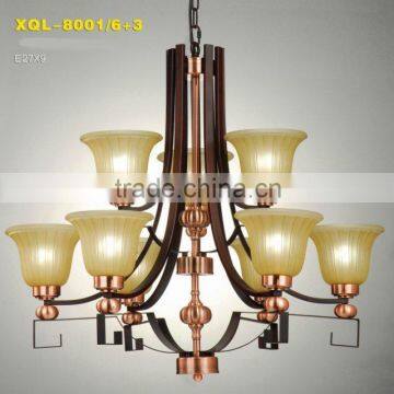 9-lights Black Finish Wrought Iron Chandelier Light with Antique Glass