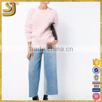 Pink Blended Thick Knitting Round Collar Buckles With Ultra Long Sleeves photo-6