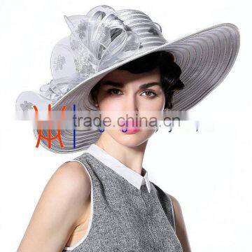 Fashion Silver Wide Brim Church Hats Wedding Hats With Organza Flower Trimming