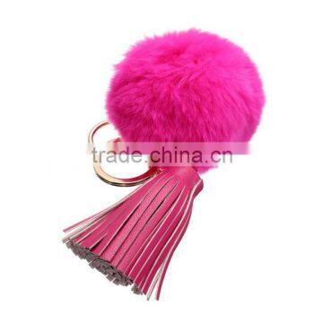 2016 Hot popular Fashion car gift rabbit fur ball pompom tassel leather keyring handbag accessories